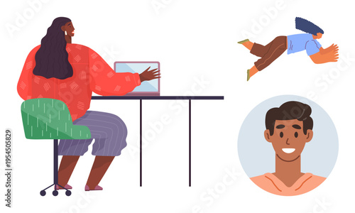 Workplace creativity, self-discovery, career development, art, diversity, individualism. Person sitting at desk, flying figure male portrait. Workplace creativity and self-discovery concept