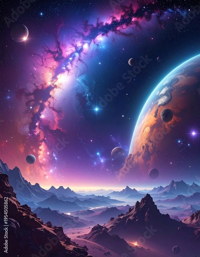 Cosmic scene of a planet, moons, nebula, & mountains