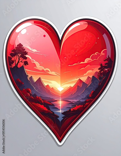 Heart-shaped scenic view of sunset over mountains, vibrant colors