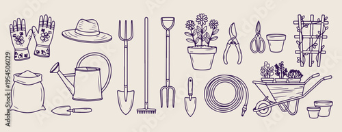 Gardening tools and pots doodle set, hand drawn garden hobby icons, shovel and rake sketches for design, minimalist nature elements for branding, garden flower pot line art, outdoor activity illustrat