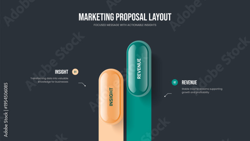 Sales Visualization Two Option Diagram Slide Design. Visual Planning Frame Template Vector Illustration. Marketing Proposal 2 Element Infographic Slideshow Layout.