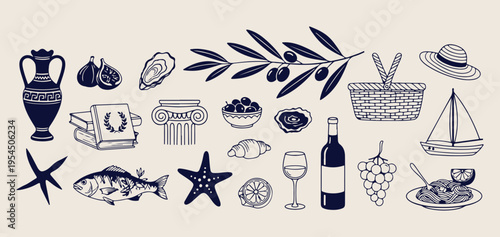 Greek and mediterranean doodle set, olive oil and wine hand drawn, ancient greek column and sea icons, mediterranean food and lifestyle sketches, travel greece vector illustration collection, coastal 