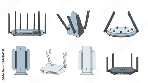 Wireless routers collection, flat design network device icons