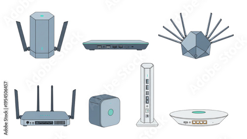 WiFi router icons set, flat vector networking devices collection