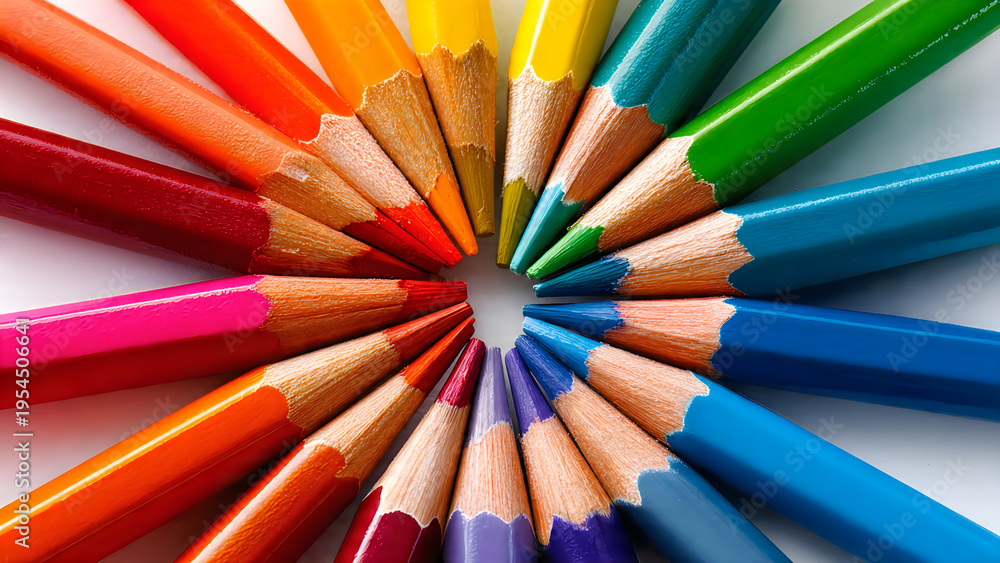 Naklejka premium A vibrant circular arrangement of sharpened colorful pencils displayed against a clean white background