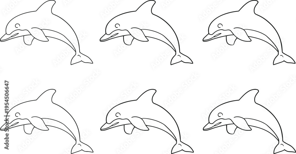 Obraz premium Dolphins vector illustration with six leaping marine animals in 2x3 grid simple black outlined aquatic design