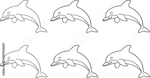 Dolphins vector illustration with six leaping marine animals in 2x3 grid simple black outlined aquatic design