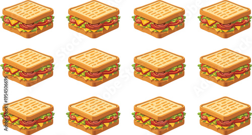  
Sandwich pattern vector illustration with cartoon grilled bread, lettuce, tomato, cheese and meat in 3x4 grid layout design