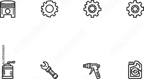   
Mechanical icons vector illustration with piston, gears, wrench, oil can, drill and motor oil in black and white line design