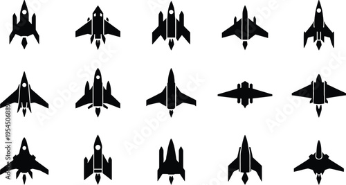 Fighter jet silhouettes vector illustration with 16 aircraft icons in grid layout showcasing aviation military plane designs