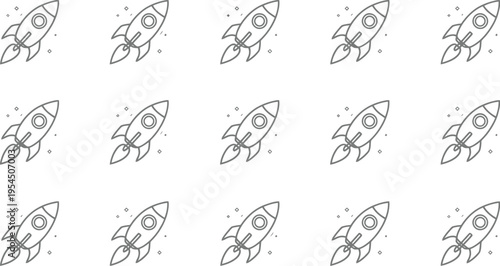 Rocket ship seamless pattern vector illustration with diagonal line drawings in minimalist style for space science and backgrounds