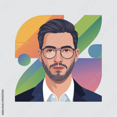 Illustration of a bearded businessman with glasses modern colorful abs