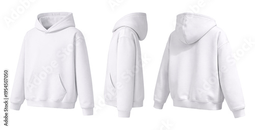 Blank White Hoodie Mockup Front, Side, and Back Views Isolated on White Background