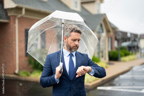 Картината върху платно Business man waits under the rain holding an umbrella