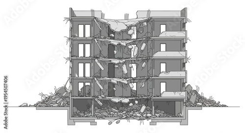 Collapsing building structure after earthquake or demolition disaster.