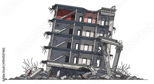 Collapsed building after earthquake or disaster, showing structural damage and debris.