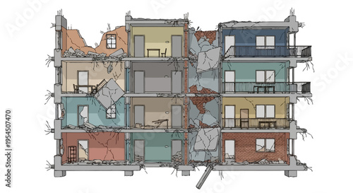 Cross-section of a multi-story building showing damaged and exposed interiors.