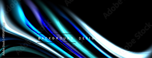 Abstract fluid shapes, vibrant blues, whites create dynamic background. Modern design, sleek curves suggest movement, energy.