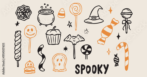 Spooky halloween doodles, witch hat icons, magic potion sketch, spooky party elements, holiday celebration symbols, whimsical ghost graphics, autumn event illustrations

