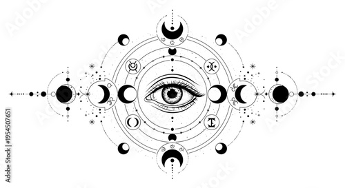 Mystical All Seeing Eye with Celestial Moon Phases and Sacred Geometry.