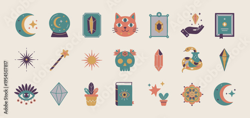 Gemstones and magic crystal doodle set, celestial moon and sun icons, mystical cat and skull sketches, bohemian spiritual elements collection, hand drawn magic symbols for design, crystal healing and 