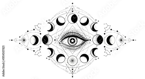 Mystical Eye with Moon Phases and Sacred Geometry.