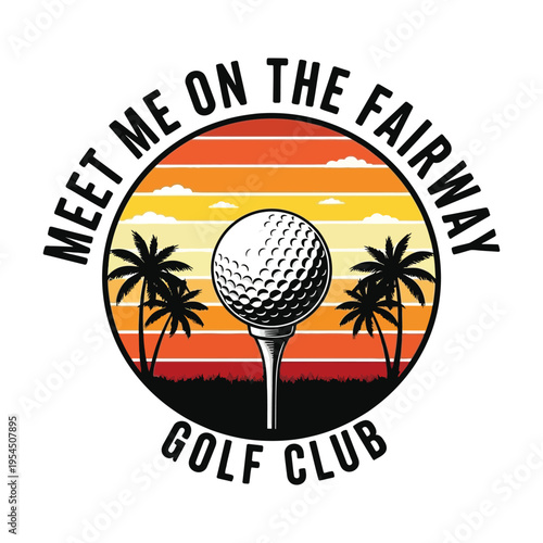 A vintage style graphic design featuring a golf ball on a tee with palm trees and a sunset theme
