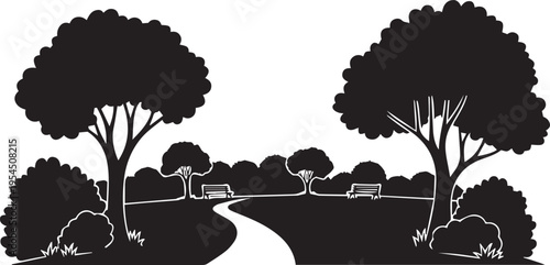 Public park vector illustration silhouette with trees and benches for nature line art scene
