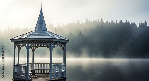 White wooden gazebo on a calm lake surrounded by morning mist and forest