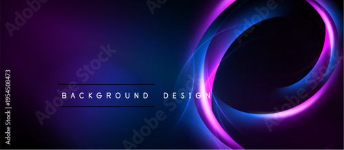 Dark abstract background features swirling neon lights. Purple, blue hues create dynamic visual effect. Text reads background design.
