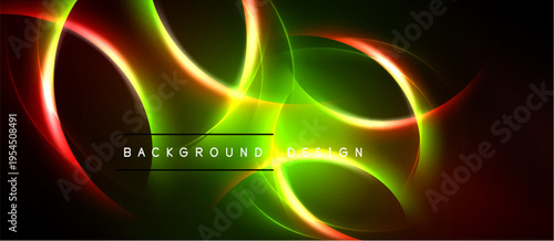 Abstract glowing lines create dynamic composition. Green, yellow, red hues blend, forming elegant background design. Dark space emphasizes luminosity.