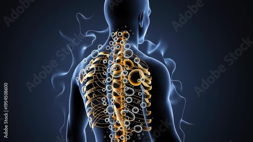 Cyst Concept ,Back anatomy showing spine and rib cage with glowing orange and blue bubbles floating around skeleton bone