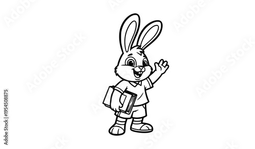 Cartoon bunny student with book waving outline coloring page vector in side view isolated on white