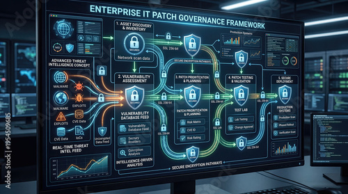 Vulnerability management patching strategy security concept. Visual representation of an IT patch governance framework.