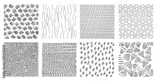 Hand-drawn crosshatch patterns with organic lines and pencil textures vector illustration set. Sketch-style hatching creates depth through diagonal strokes and cross-line shading techniques.