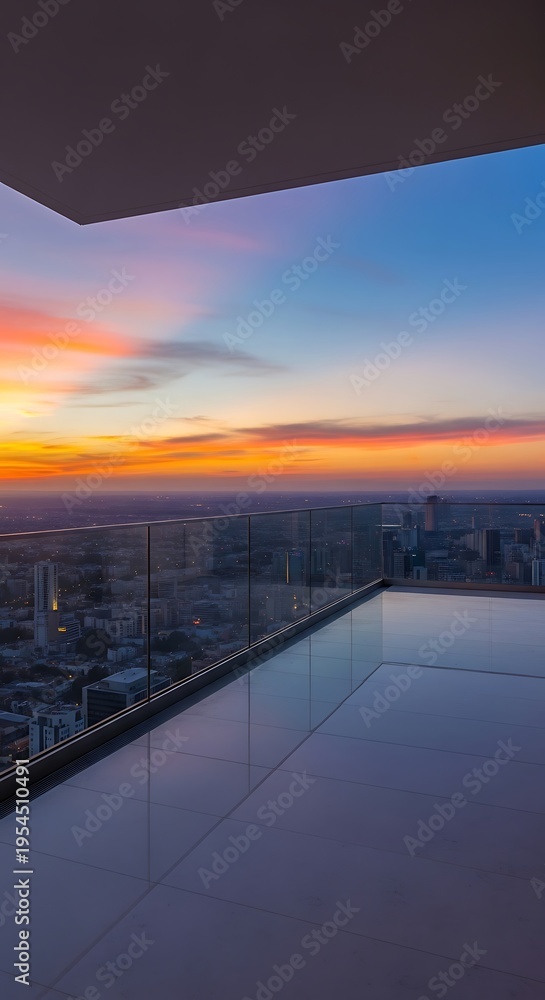 Fototapeta premium Stunning sunset view from a modern luxury penthouse balcony overlooking the city skyline