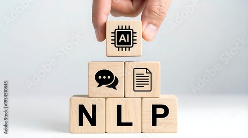 Hand placing A I block on of stacked wooden blocks with N L P letters and symbols artificial intelligence