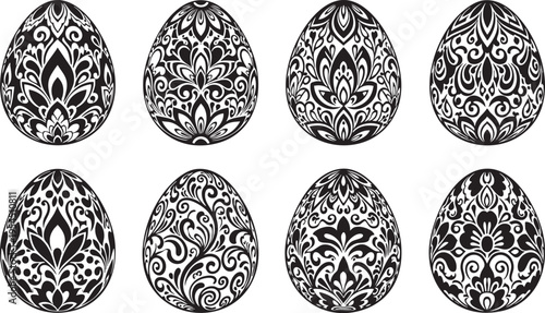 A set of intricately designed black and white Easter eggs