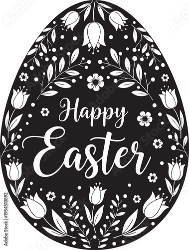 A black and white Easter egg with floral designs and Happy Easter text