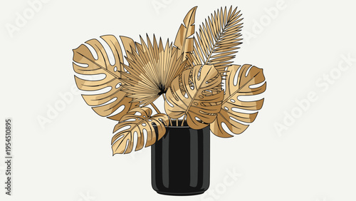 Luxury Gold Tropical Leaves Arrangement in Black Vase | Elegant Decor Element
