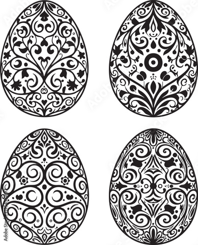 A set of four intricately designed Easter eggs on a white background