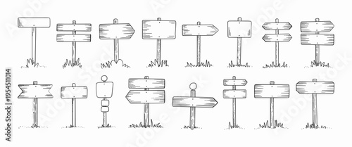 Hand drawn road sign. Doodle wooden signpost, sketch street direction pointer. Blank signboard with arrow vector isolates set