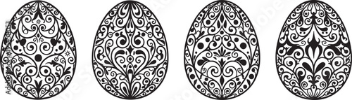 Intricately designed Easter eggs with floral patterns in black and white