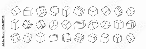 Isometric line brutal 3D shapes, Brutalism volumetric carcass various form, trendy cyber design symbols in futuristic aesthetics, vector set 7, Postmodern abstract geometric graphic frame elements