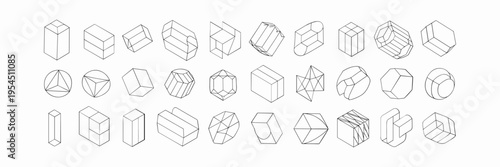 Isometric line brutal 3D shapes, Brutalism volumetric carcass various form, trendy cyber design symbols in futuristic aesthetics, vector set 7, Postmodern abstract geometric graphic frame elements