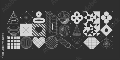 Vector graphic assets kit acid style, Postmodern abstract geometric shapes with wireframe elements of different forms, Y2K trendy design in brutalism aesthetic, template symbols set
