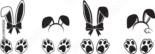 A set of black and white bunny ears and paws on a white background
