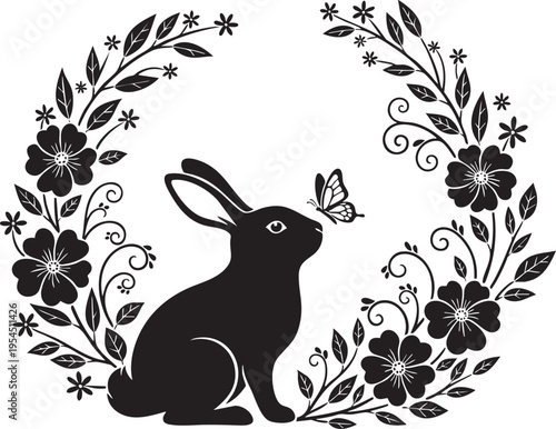 A black silhouette of a rabbit and butterfly surrounded by flowers
