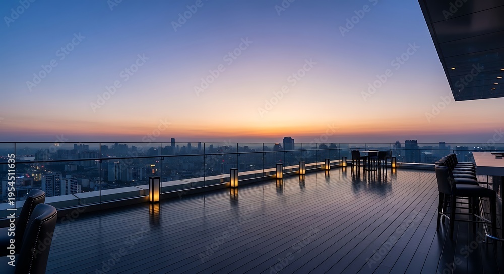 Fototapeta premium Modern rooftop bar terrace overlooking a city skyline at sunset