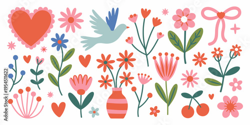 Vector hand drawn whimsical illustrations in doodle sketch style, flowers and hearts, love theme, wedding cards, invitations and stationery